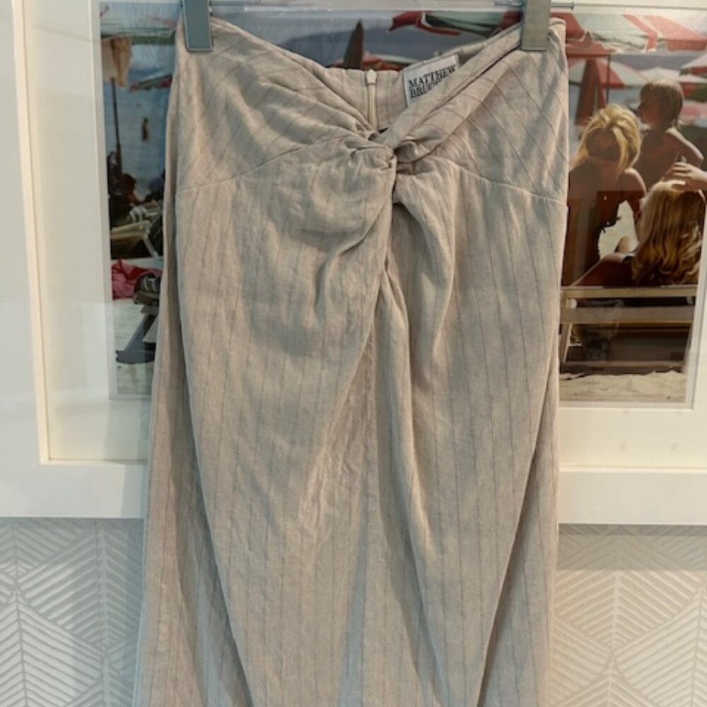 Matthew Good Linen-Blend Beige Midi Pinstripe Skirt with Front Knot